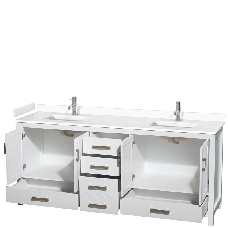 Wyndham Sheffield 80" Double Bathroom Vanity In White with White Cultured Marble Countertop Undermount Square Sinks and No Mirror WCS141480DWHWCUNSMXX