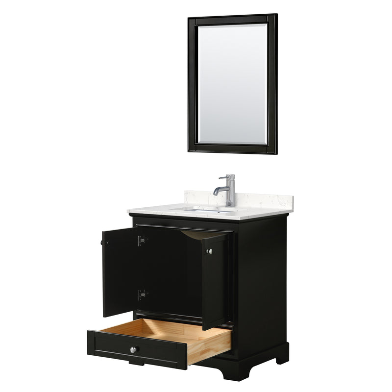 Wyndham Deborah 30" Single Bathroom Vanity In Dark Espresso with Light-Vein Carrara Cultured Marble Countertop Undermount Square Sink and 24" Mirror WCS202030SDEC2UNSM24