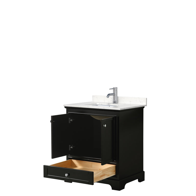 Wyndham Deborah 30" Single Bathroom Vanity In Dark Espresso with Light-Vein Carrara Cultured Marble Countertop Undermount Square Sink and No Mirror WCS202030SDEC2UNSMXX