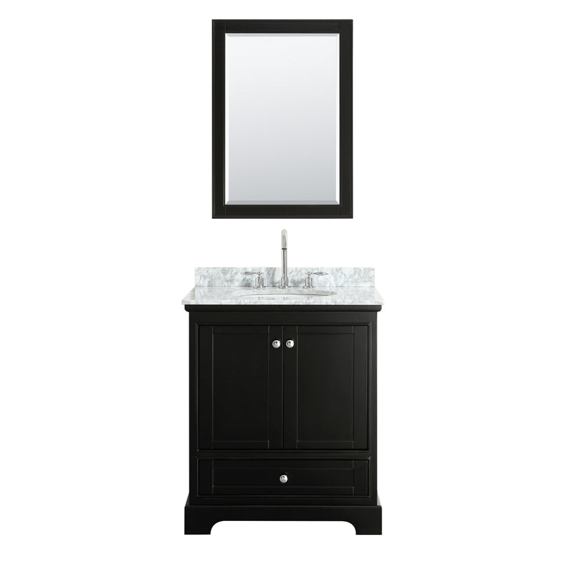 Wyndham Deborah 30" Single Bathroom Vanity In Dark Espresso White Carrara Marble Countertop Undermount Oval Sink and 24" Mirror WCS202030SDECMUNOM24