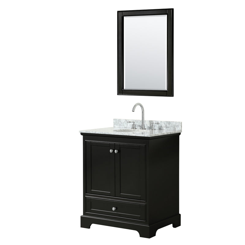 Wyndham Deborah 30" Single Bathroom Vanity In Dark Espresso White Carrara Marble Countertop Undermount Oval Sink And 24" Mirror WCS202030SDECMUNOM24