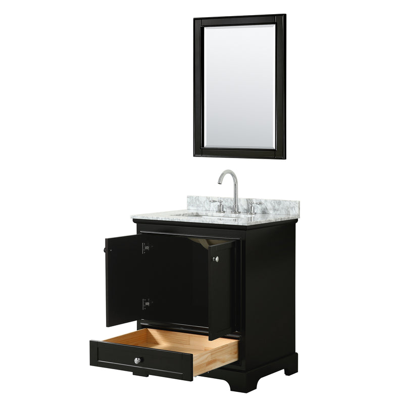 Wyndham Deborah 30" Single Bathroom Vanity In Dark Espresso White Carrara Marble Countertop Undermount Square Sink and 24" Mirror WCS202030SDECMUNSM24