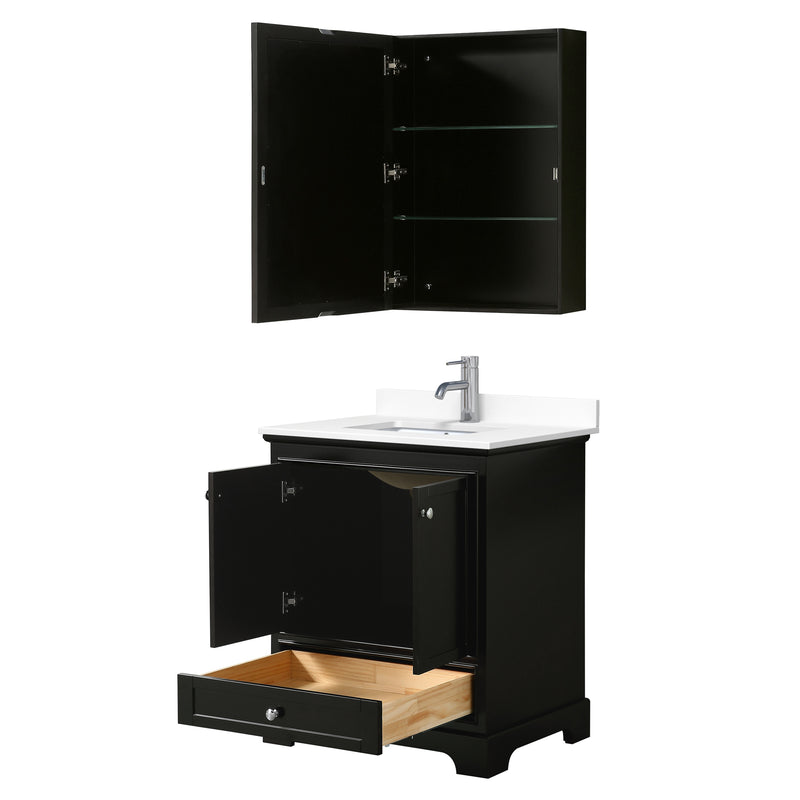 Wyndham Deborah 30" Single Bathroom Vanity In Dark Espresso with White Cultured Marble Countertop Undermount Square Sink and Medicine Cabinet WCS202030SDEWCUNSMED