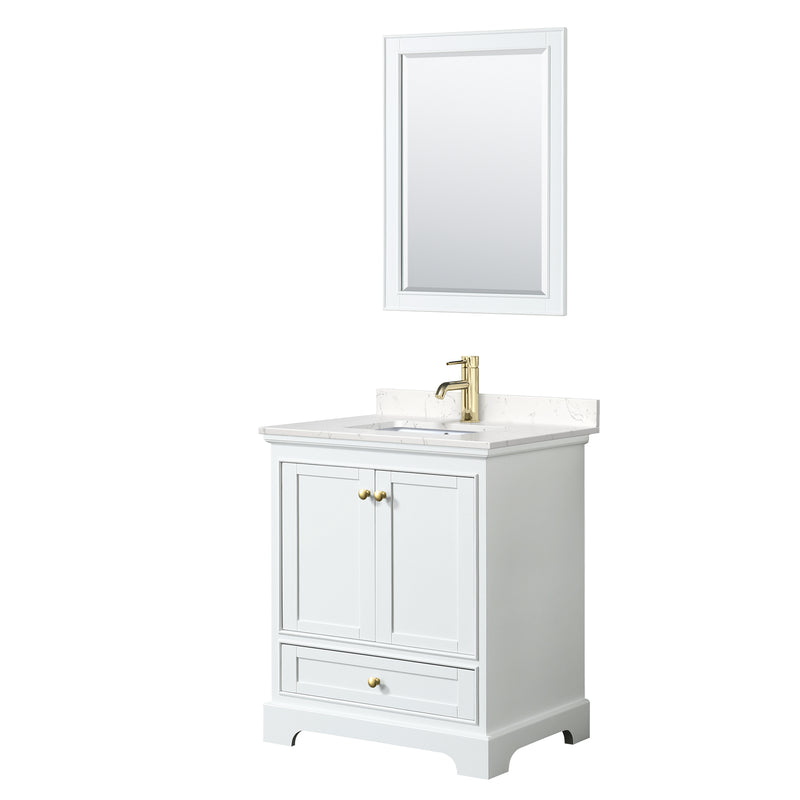 Wyndham Deborah 30" Single Bathroom Vanity In White With Light-Vein Carrara Cultured Marble Countertop Undermount Square Sink Brushed Gold Trims And 24" Mirror WCS202030SWGC2UNSM24