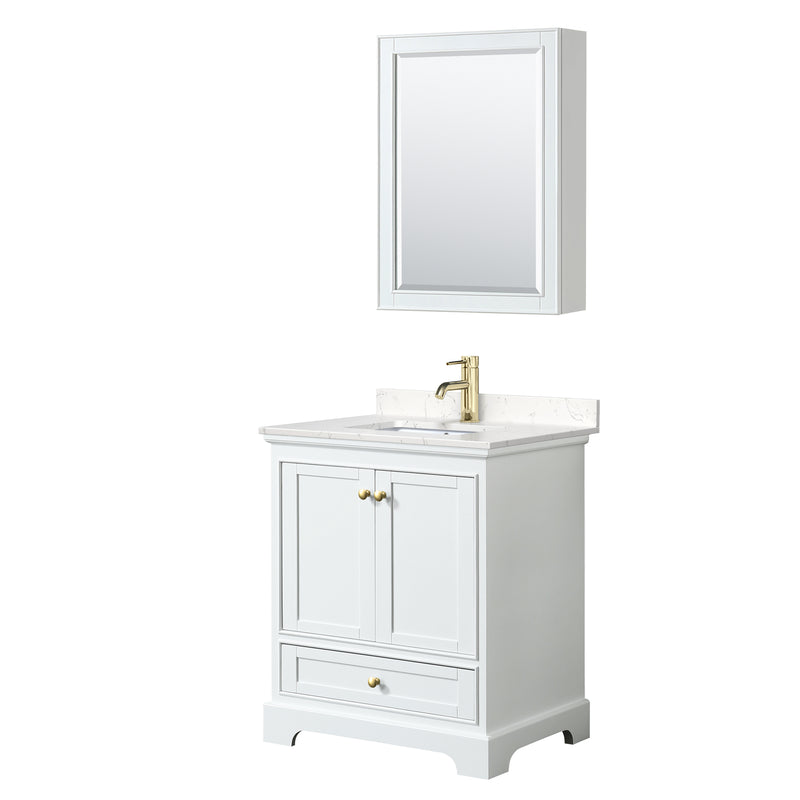 Wyndham Deborah 30" Single Bathroom Vanity In White With Light-Vein Carrara Cultured Marble Countertop Undermount Square Sink Brushed Gold Trims And Medicine Cabinet WCS202030SWGC2UNSMED