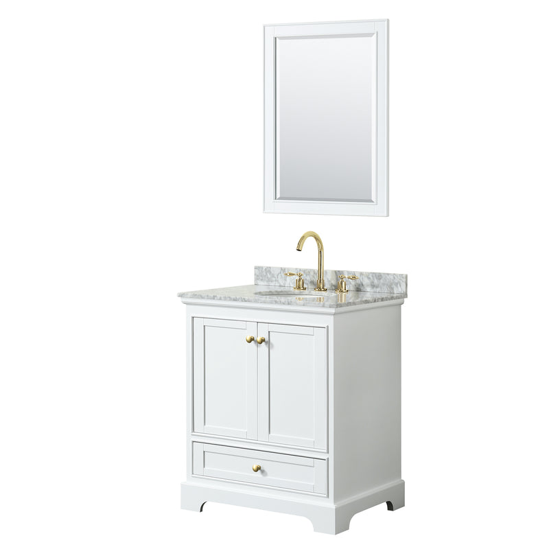 Wyndham Deborah 30" Single Bathroom Vanity In White With White Carrara Marble Countertop Undermount Oval Sink Brushed Gold Trims And 24" Mirror WCS202030SWGCMUNOM24