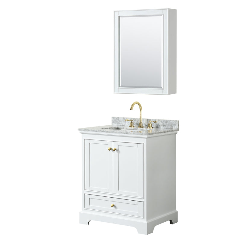 Wyndham Deborah 30" Single Bathroom Vanity In White With White Carrara Marble Countertop Undermount Square Sink Brushed Gold Trims And Medicine Cabinet WCS202030SWGCMUNSMED