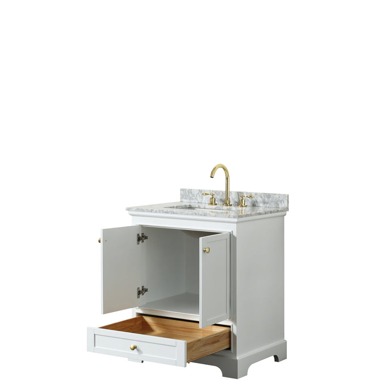 Wyndham Deborah 30" Single Bathroom Vanity In White with White Carrara Marble Countertop Undermount Square Sink Brushed Gold Trims and No Mirror WCS202030SWGCMUNSMXX