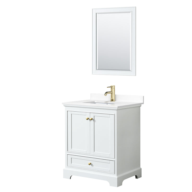 Wyndham Deborah 30" Single Bathroom Vanity In White With White Cultured Marble Countertop Undermount Square Sink Brushed Gold Trims And 24" Mirror WCS202030SWGWCUNSM24