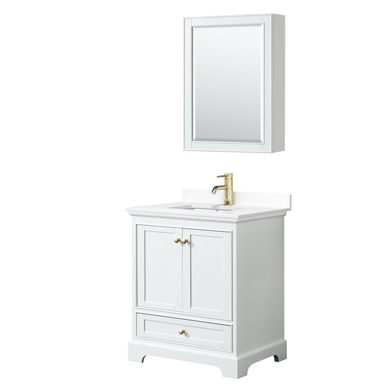 Wyndham Deborah 30" Single Bathroom Vanity In White With White Cultured Marble Countertop Undermount Square Sink Brushed Gold Trims And Medicine Cabinet WCS202030SWGWCUNSMED