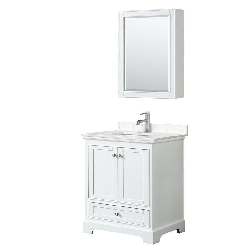 Wyndham Deborah 30" Single Bathroom Vanity In White With Light-Vein Carrara Cultured Marble Countertop Undermount Square Sink And Medicine Cabinet WCS202030SWHC2UNSMED