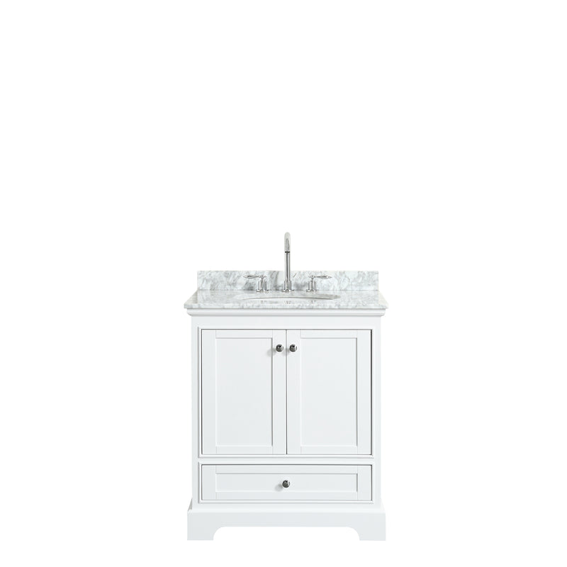 Wyndham Deborah 30" Single Bathroom Vanity In White White Carrara Marble Countertop Undermount Oval Sink and No Mirror WCS202030SWHCMUNOMXX