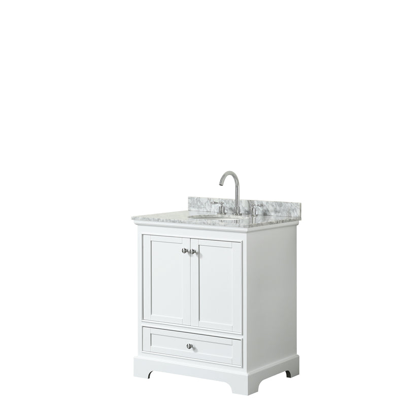 Wyndham Deborah 30" Single Bathroom Vanity In White White Carrara Marble Countertop Undermount Oval Sink And No Mirror WCS202030SWHCMUNOMXX