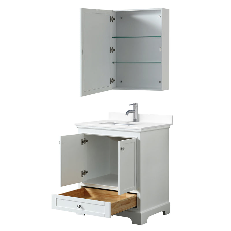 Wyndham Deborah 30" Single Bathroom Vanity In White with White Cultured Marble Countertop Undermount Square Sink and Medicine Cabinet WCS202030SWHWCUNSMED