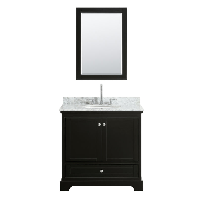 Wyndham Deborah 36" Single Bathroom Vanity In Dark Espresso White Carrara Marble Countertop Undermount Oval Sink and 24" Mirror WCS202036SDECMUNOM24