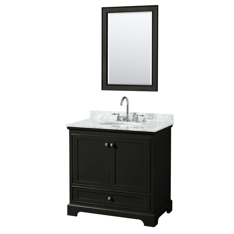 Wyndham Deborah 36" Single Bathroom Vanity In Dark Espresso White Carrara Marble Countertop Undermount Oval Sink And 24" Mirror WCS202036SDECMUNOM24