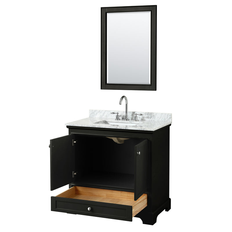 Wyndham Deborah 36" Single Bathroom Vanity In Dark Espresso White Carrara Marble Countertop Undermount Square Sink and 24" Mirror WCS202036SDECMUNSM24