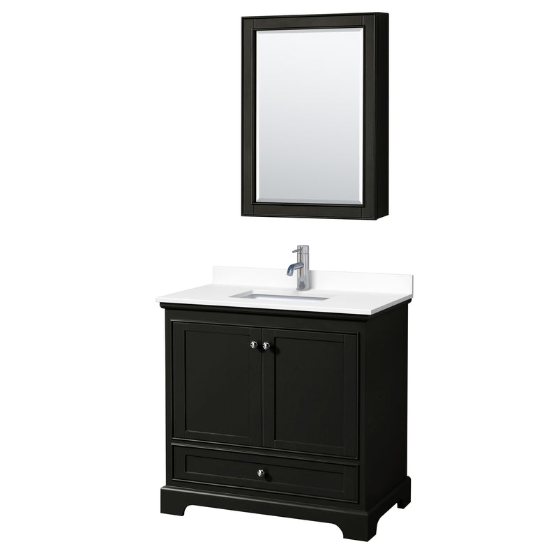 Wyndham Deborah 36" Single Bathroom Vanity In Dark Espresso With White Cultured Marble Countertop Undermount Square Sink And Medicine Cabinet WCS202036SDEWCUNSMED