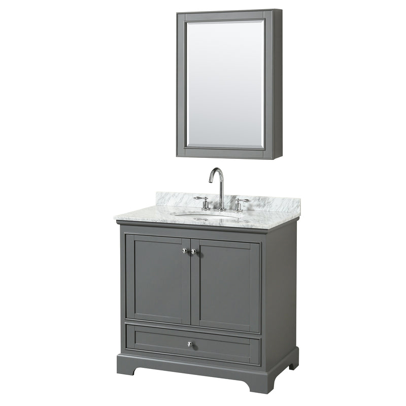 Wyndham Deborah 36" Single Bathroom Vanity In Dark Gray With White Carrara Marble Countertop Undermount Oval Sink And Medicine Cabinet WCS202036SKGCMUNOMED