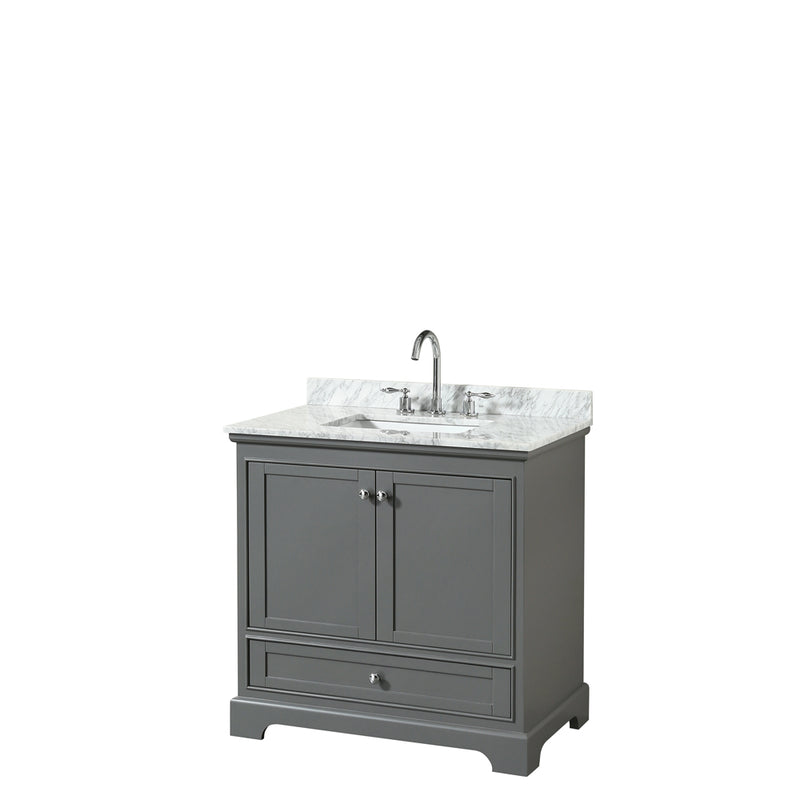 Wyndham Deborah 36" Single Bathroom Vanity In Dark Gray With White Carrara Marble Countertop Undermount Square Sink And No Mirror WCS202036SKGCMUNSMXX