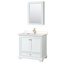 Wyndham Deborah 36" Single Bathroom Vanity In White With Light-Vein Carrara Cultured Marble Countertop Undermount Square Sink Brushed Gold Trims And Medicine Cabinet WCS202036SWGC2UNSMED