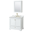 Wyndham Deborah 36" Single Bathroom Vanity In White With White Carrara Marble Countertop Undermount Oval Sink Brushed Gold Trims And Medicine Cabinet WCS202036SWGCMUNOMED