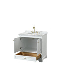 Wyndham Deborah 36" Single Bathroom Vanity In White with White Carrara Marble Countertop Undermount Oval Sink Brushed Gold Trims and No Mirror WCS202036SWGCMUNOMXX