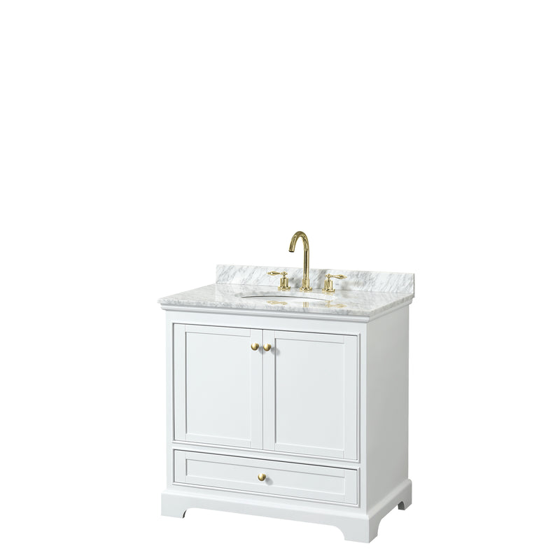 Wyndham Deborah 36" Single Bathroom Vanity In White With White Carrara Marble Countertop Undermount Oval Sink Brushed Gold Trims And No Mirror WCS202036SWGCMUNOMXX