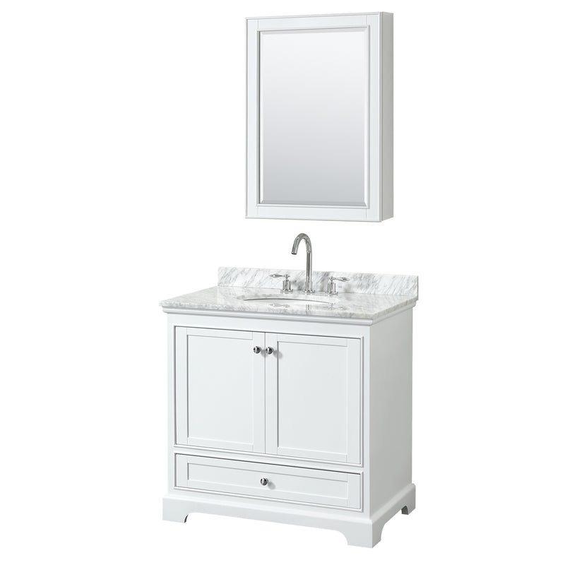 Wyndham Deborah 36" Single Bathroom Vanity In White With White Carrara Marble Countertop Undermount Oval Sink And Medicine Cabinet WCS202036SWHCMUNOMED