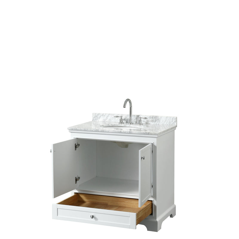 Wyndham Deborah 36" Single Bathroom Vanity In White with White Carrara Marble Countertop Undermount Oval Sink and No Mirror WCS202036SWHCMUNOMXX