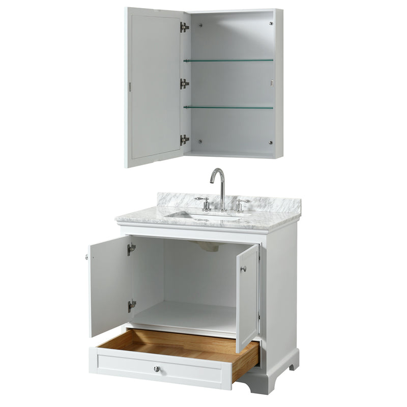 Wyndham Deborah 36" Single Bathroom Vanity In White with White Carrara Marble Countertop Undermount Square Sink and Medicine Cabinet WCS202036SWHCMUNSMED