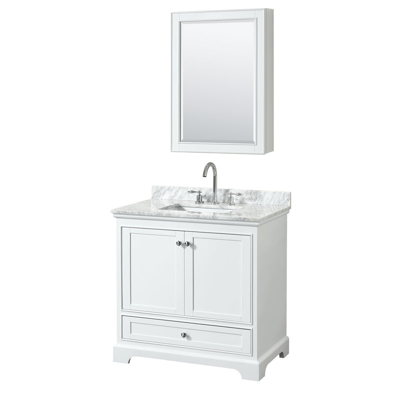 Wyndham Deborah 36" Single Bathroom Vanity In White With White Carrara Marble Countertop Undermount Square Sink And Medicine Cabinet WCS202036SWHCMUNSMED