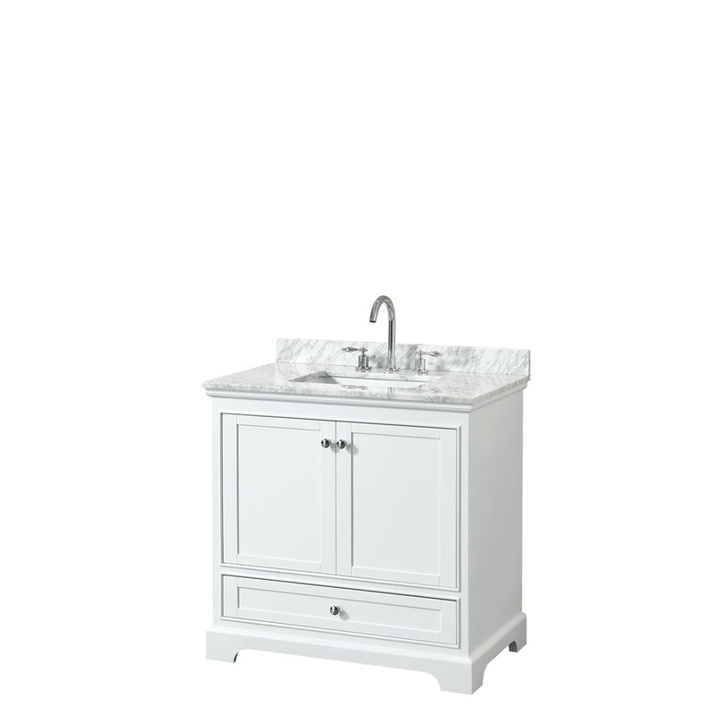 Wyndham Deborah 36" Single Bathroom Vanity In White With White Carrara Marble Countertop Undermount Square Sink And No Mirror WCS202036SWHCMUNSMXX