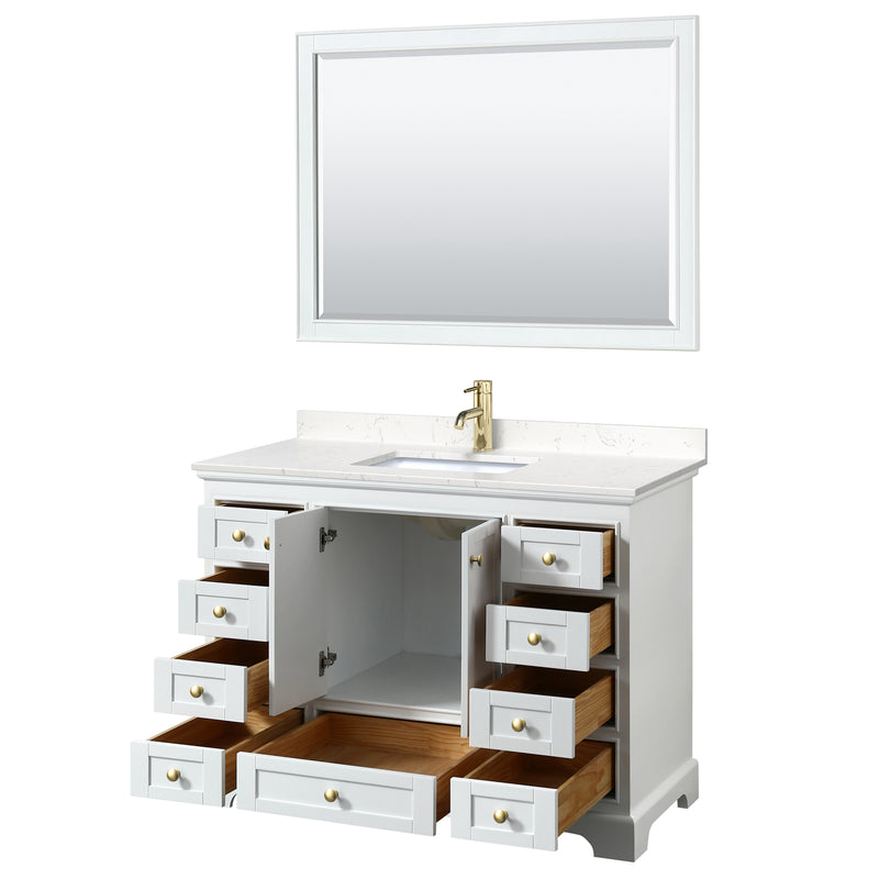 Wyndham Deborah 48" Single Bathroom Vanity In White with Light-Vein Carrara Cultured Marble Countertop Undermount Square Sink Brushed Gold Trims and 46" Mirror WCS202048SWGC2UNSM46