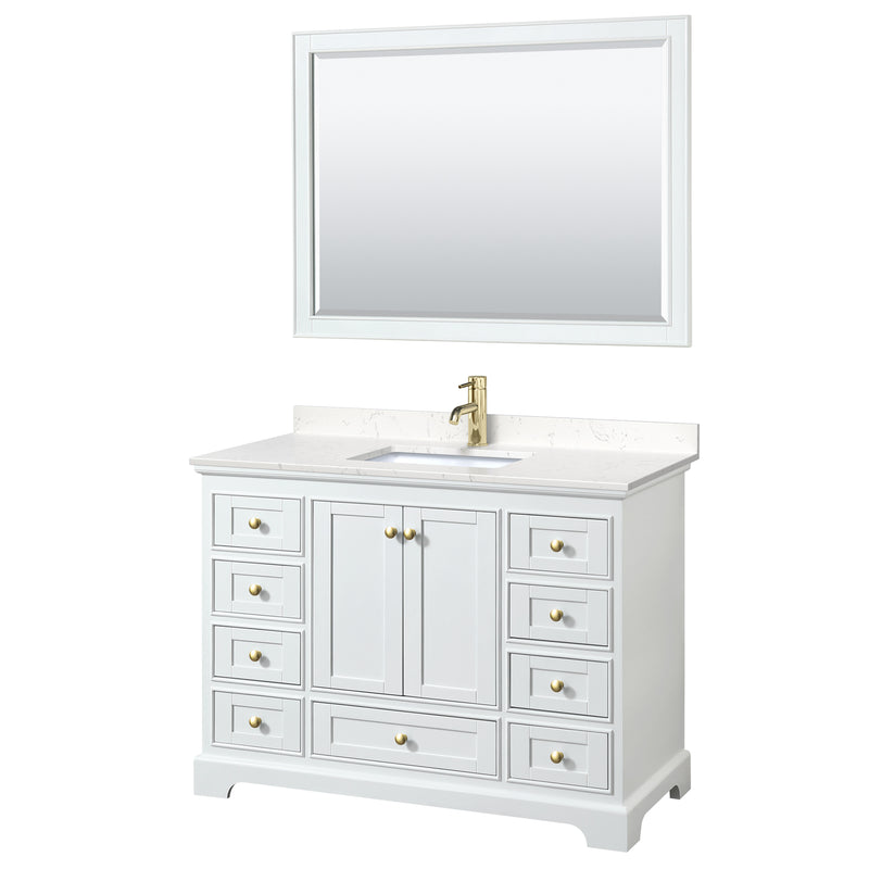 Wyndham Deborah 48" Single Bathroom Vanity In White With Light-Vein Carrara Cultured Marble Countertop Undermount Square Sink Brushed Gold Trims And 46" Mirror WCS202048SWGC2UNSM46