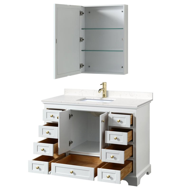 Wyndham Deborah 48" Single Bathroom Vanity In White with Light-Vein Carrara Cultured Marble Countertop Undermount Square Sink Brushed Gold Trims and Medicine Cabinet WCS202048SWGC2UNSMED