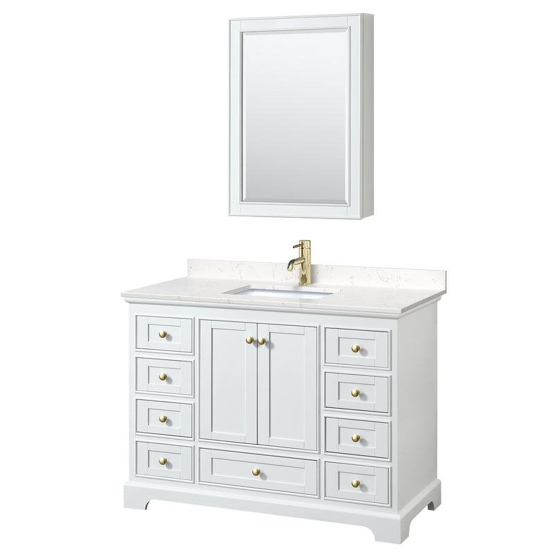 Wyndham Deborah 48" Single Bathroom Vanity In White With Light-Vein Carrara Cultured Marble Countertop Undermount Square Sink Brushed Gold Trims And Medicine Cabinet WCS202048SWGC2UNSMED