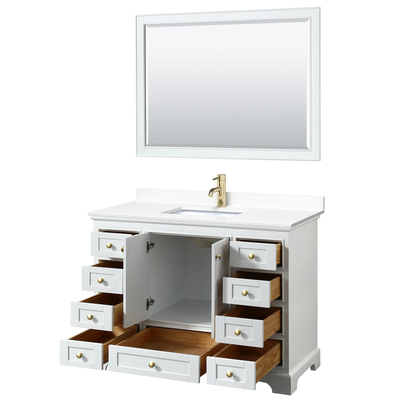 Wyndham Deborah 48" Single Bathroom Vanity In White with White Cultured Marble Countertop Undermount Square Sink Brushed Gold Trims and 46" Mirror WCS202048SWGWCUNSM46