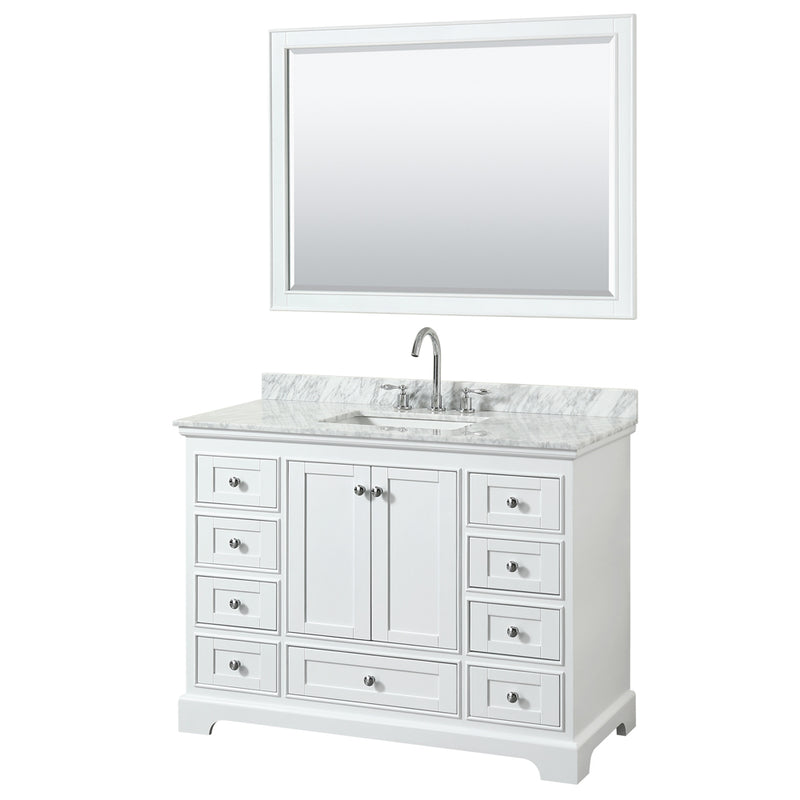 Wyndham Deborah 48" Single Bathroom Vanity In White With White Carrara Marble Countertop Undermount Square Sink And 46" Mirror WCS202048SWHCMUNSM46