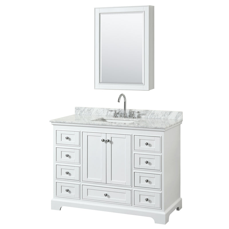 Wyndham Deborah 48" Single Bathroom Vanity In White With White Carrara Marble Countertop Undermount Square Sink And Medicine Cabinet WCS202048SWHCMUNSMED