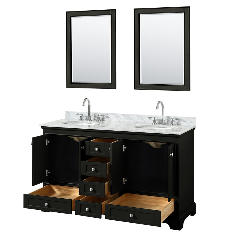 Wyndham Deborah 60" Double Bathroom Vanity In Dark Espresso White Carrara Marble Countertop Undermount Oval Sink and 24" Mirror WCS202060DDECMUNOM24