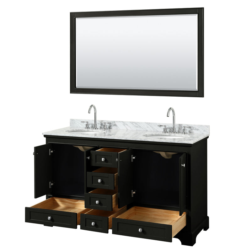 Wyndham Deborah 60" Double Bathroom Vanity In Dark Espresso White Carrara Marble Countertop Undermount Oval Sink and 58" Mirror WCS202060DDECMUNOM58