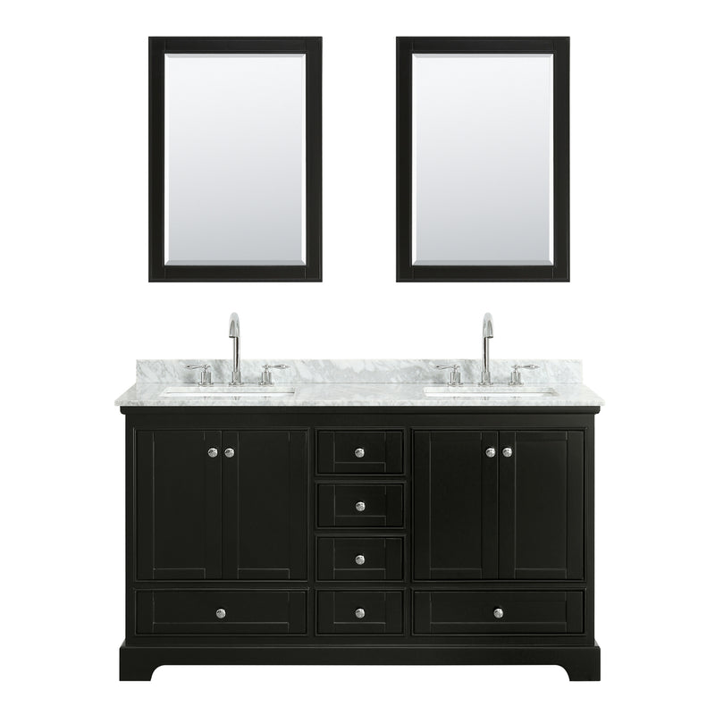 Wyndham Deborah 60" Double Bathroom Vanity In Dark Espresso White Carrara Marble Countertop Undermount Square Sink and 24" Mirror WCS202060DDECMUNSM24