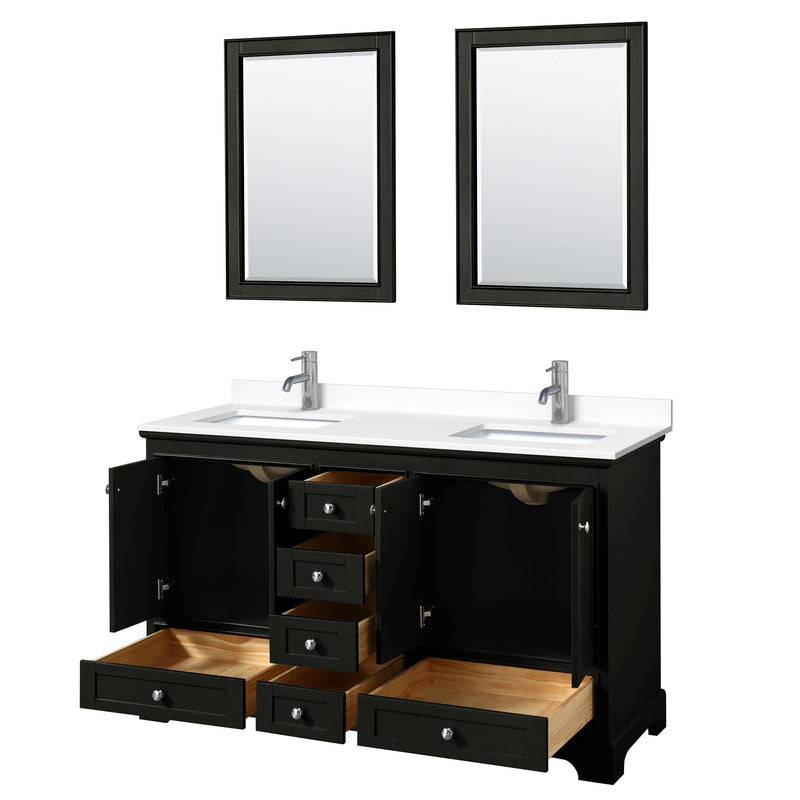 Wyndham Deborah 60" Double Bathroom Vanity In Dark Espresso with White Cultured Marble Countertop Undermount Square Sinks and 24" Mirrors WCS202060DDEWCUNSM24