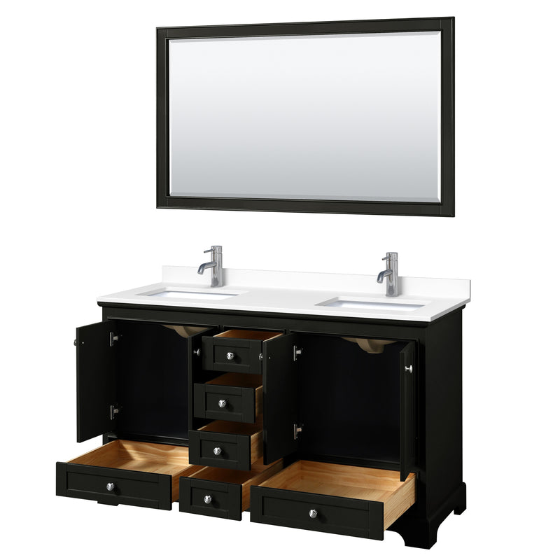 Wyndham Deborah 60" Double Bathroom Vanity In Dark Espresso with White Cultured Marble Countertop Undermount Square Sinks and 58" Mirror WCS202060DDEWCUNSM58