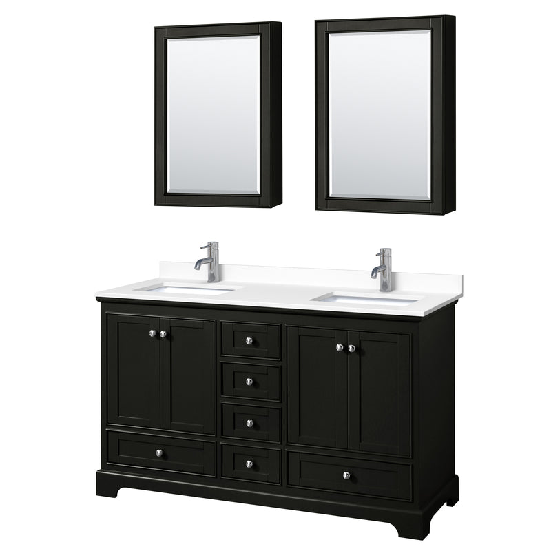 Wyndham Deborah 60" Double Bathroom Vanity In Dark Espresso With White Cultured Marble Countertop Undermount Square Sinks And Medicine Cabinets WCS202060DDEWCUNSMED