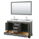 Wyndham Deborah 60" Double Bathroom Vanity In Dark Gray with White Carrara Marble Countertop Undermount Square Sinks and 58" Mirror WCS202060DKGCMUNSM58