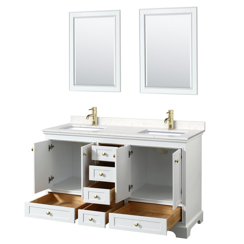 Wyndham Deborah 60" Double Bathroom Vanity In White with Light-Vein Carrara Cultured Marble Countertop Undermount Square Sinks Brushed Gold Trims and 24" Mirrors WCS202060DWGC2UNSM24