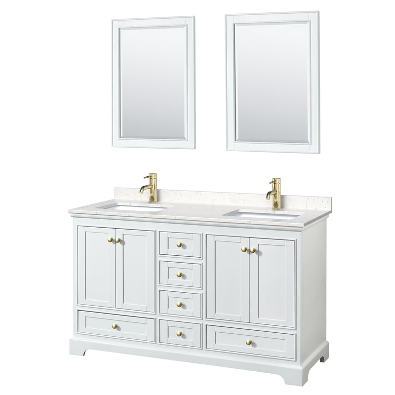 Wyndham Deborah 60" Double Bathroom Vanity In White With Light-Vein Carrara Cultured Marble Countertop Undermount Square Sinks Brushed Gold Trims And 24" Mirrors WCS202060DWGC2UNSM24