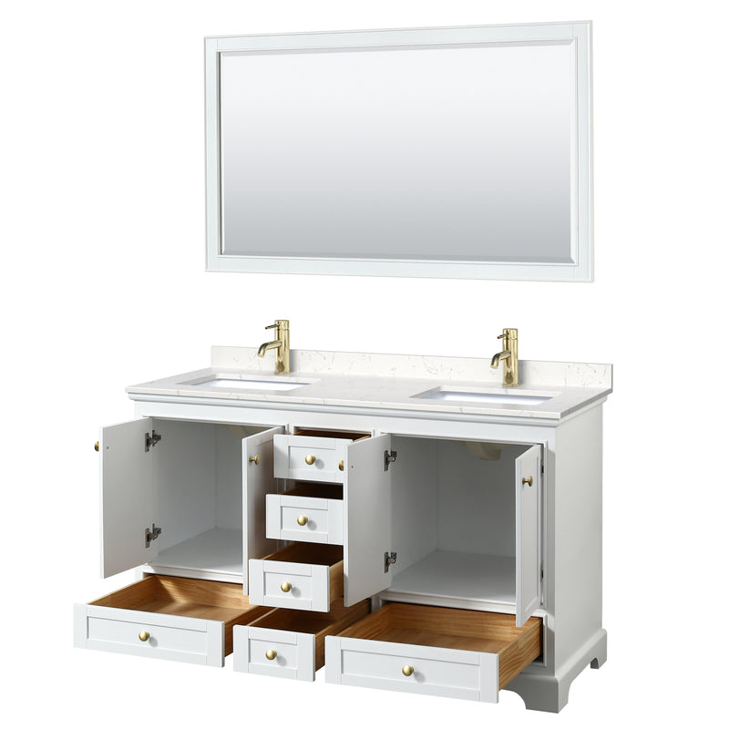 Wyndham Deborah 60" Double Bathroom Vanity In White with Light-Vein Carrara Cultured Marble Countertop Undermount Square Sinks Brushed Gold Trims and 58" Mirror WCS202060DWGC2UNSM58